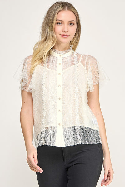 Blusa Cuello Alto Encaje con Botones