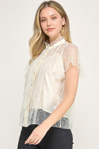 Blusa Cuello Alto Encaje con Botones