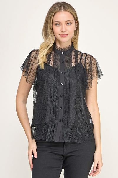 Blusa Cuello Alto Encaje con Botones