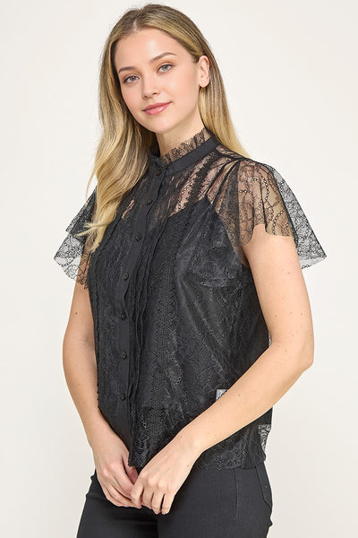 Blusa Cuello Alto Encaje con Botones