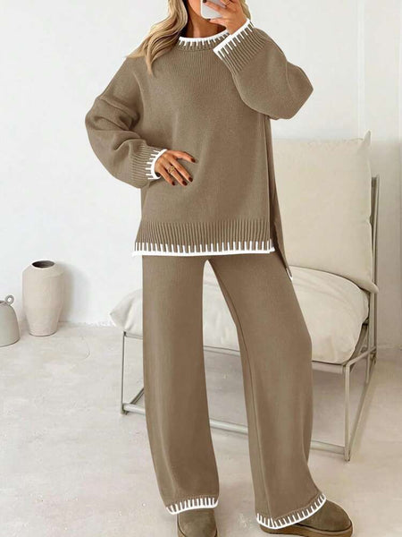 Knit Set Long Sleeves With Trim Set (Sweater Top + Pants Set)