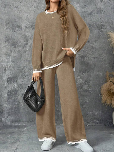 Knit Set Long Sleeves With Trim Set (Sweater Top + Pants Set)