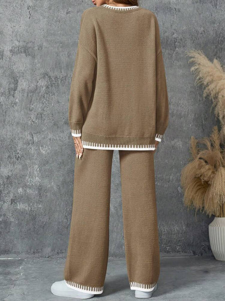 Knit Set Long Sleeves With Trim Set (Sweater Top + Pants Set)