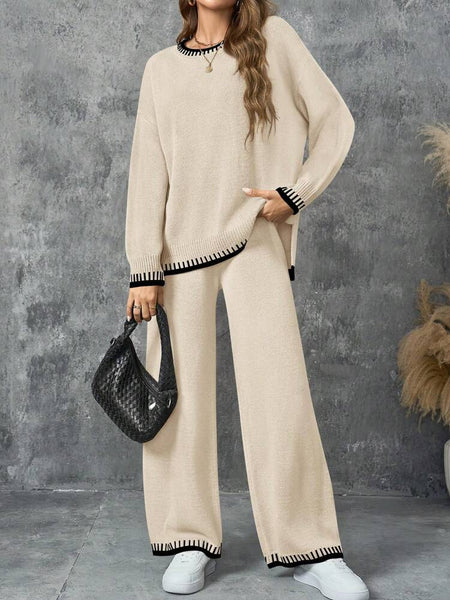 Knit Set Long Sleeves With Trim Set (Sweater Top + Pants Set)