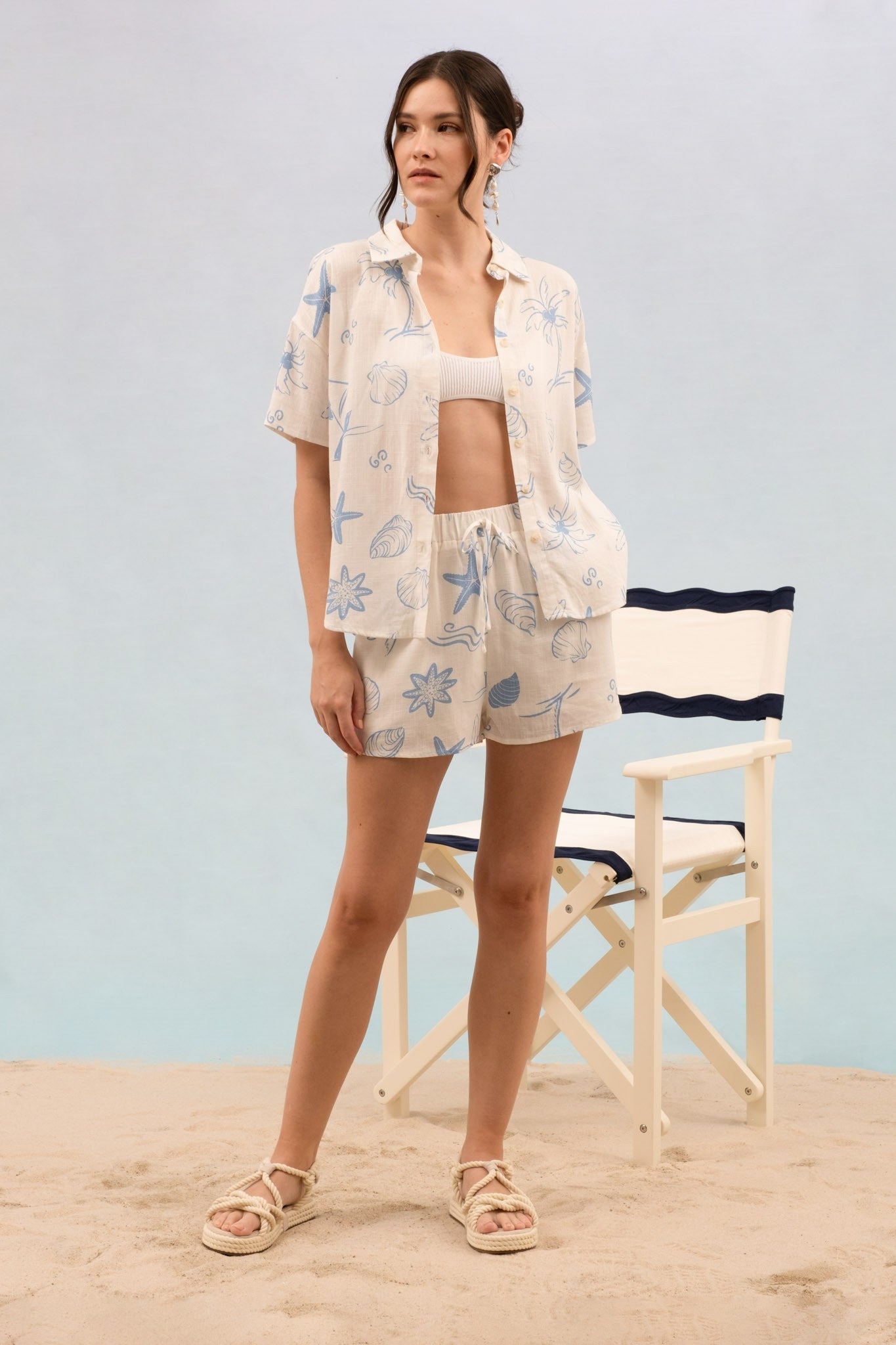 Linen Blend Sea Print Shorts