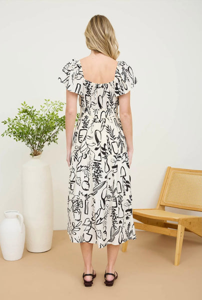 Plants Ruffle Sleeve Midi Dress