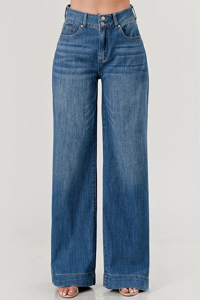 Stretch High Rise Double Button Wide Leg Jeans