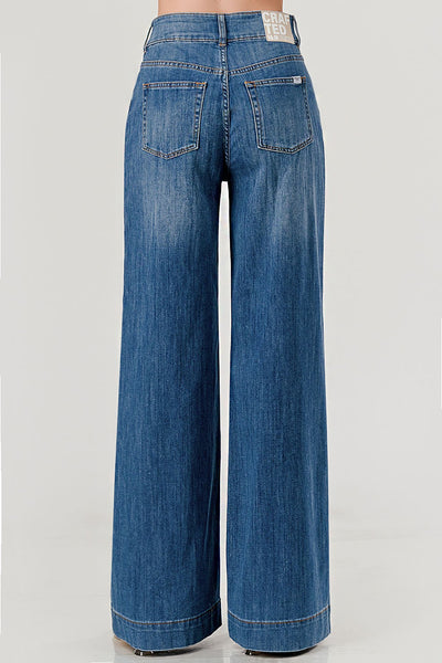 Stretch High Rise Double Button Wide Leg Jeans