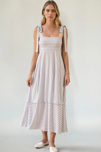 Striped Tie Shoulder Midi Dress