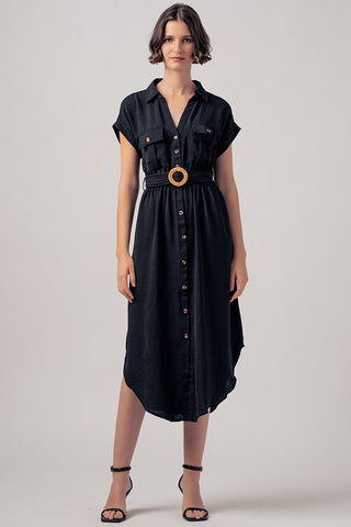 Collared Button Down Belted Midi Dress