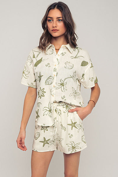 Linen Blend Sea Print Shorts