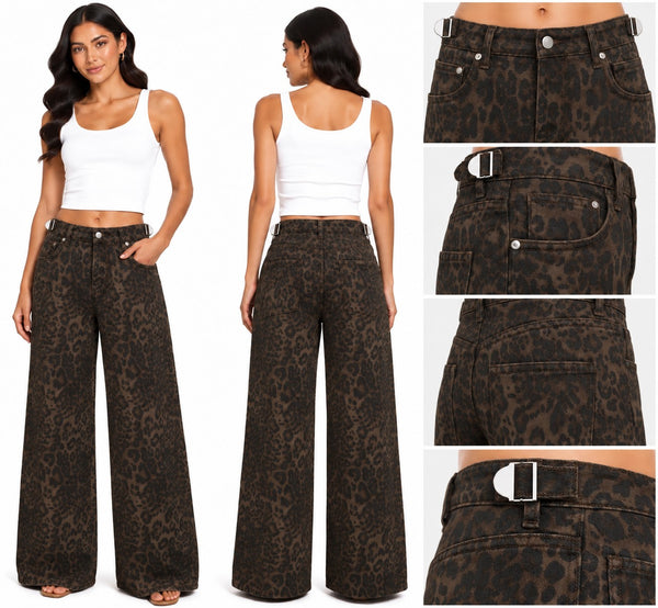 Jeans Baggy Estampado Leopardo Cintura Ajustable