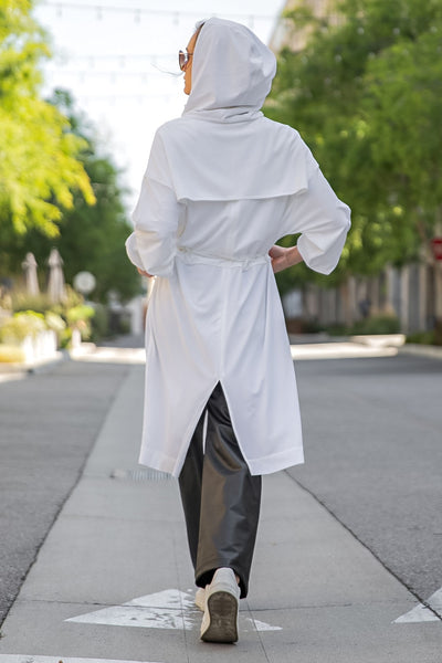 White Crinkle Woven Long Hoodie Jacket