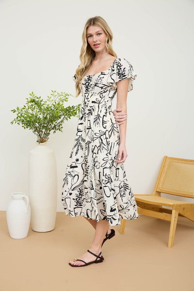 Plants Ruffle Sleeve Midi Dress