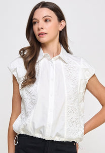 Lace Drawstring Button Down Shirt Blouse