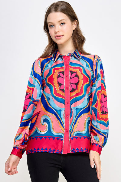 Retro Printed Rhinestone Satin Long Sleeve Blouse