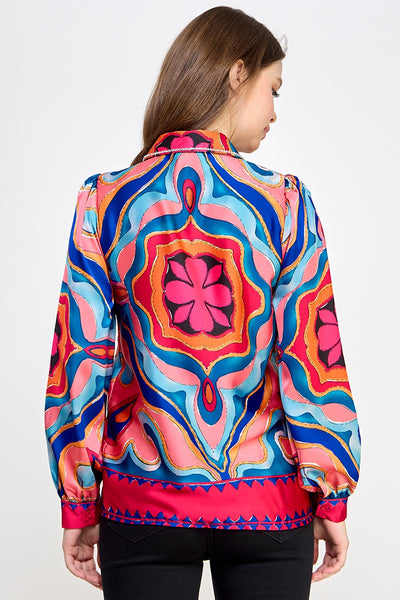 Retro Printed Rhinestone Satin Long Sleeve Blouse