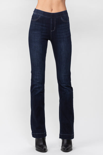 Stretch Indigo Pull On Flare Jeans