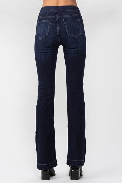 Stretch Indigo Pull On Flare Denim Jeans