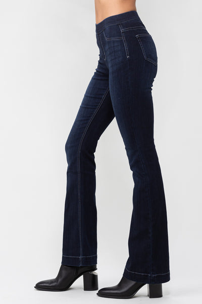 Stretch Indigo Pull On Flare Denim Jeans