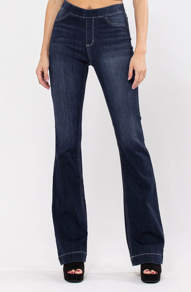 Stretch Indigo Pull On Flare Denim Jeans