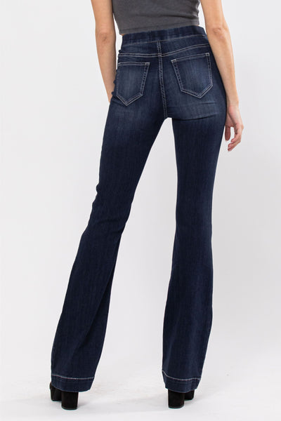 Stretch Indigo Pull On Flare Jeans
