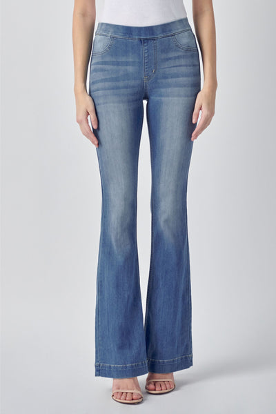Stretch Mid Rise Pull On Flare Denim Jeans