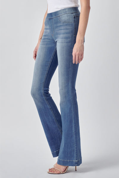 Stretch Mid Rise Pull On Flare Denim Jeans