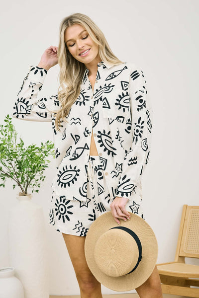 Line Doodle Linen Blend Button Down Shirt