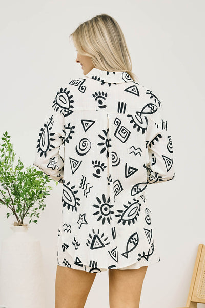 Line Doodle Linen Blend Button Down Shirt