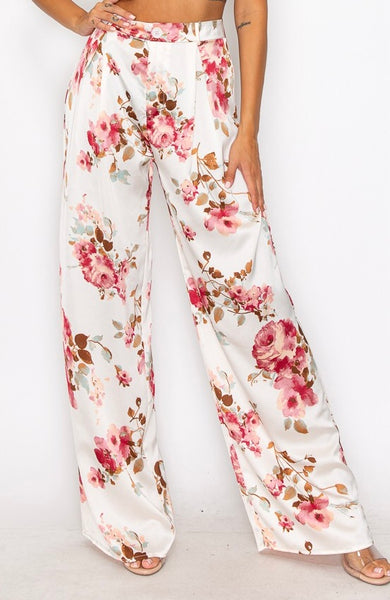 Satin High Waist Wide Leg Floral Trouser Pants