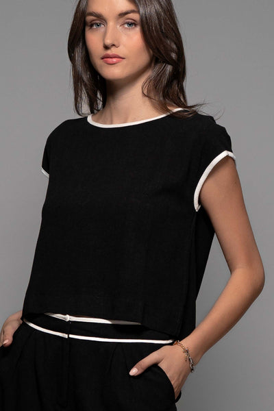 Contrast Trim Linen Round Neck Top
