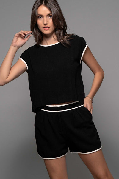 Contrast Trim Linen Round Neck Top