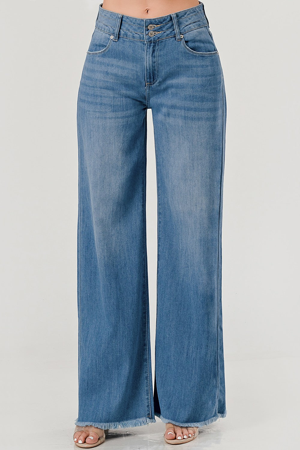 Stretch Mid Rise Wide Leg Raw Hem Jeans