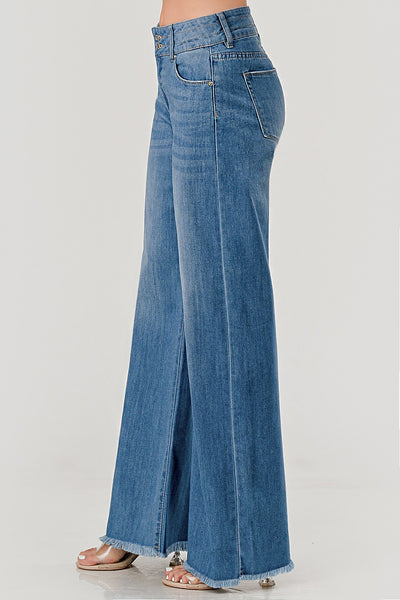 Stretch Mid Rise Wide Leg Raw Hem Jeans