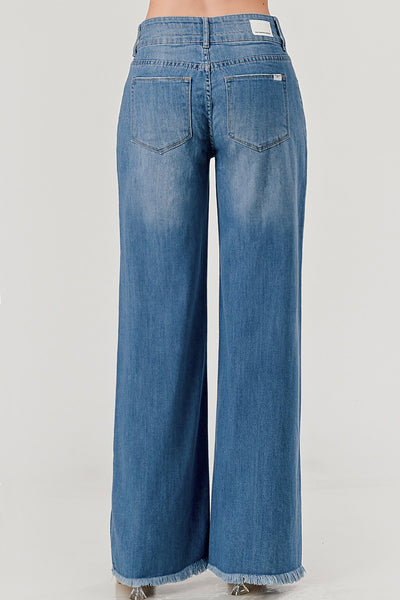 Stretch Mid Rise Wide Leg Raw Hem Jeans