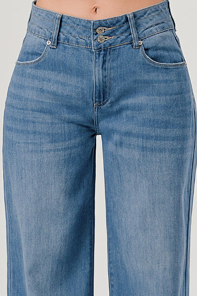 Stretch Mid Rise Wide Leg Raw Hem Jeans