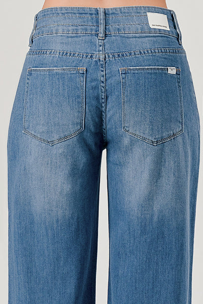 Stretch Mid Rise Wide Leg Raw Hem Jeans
