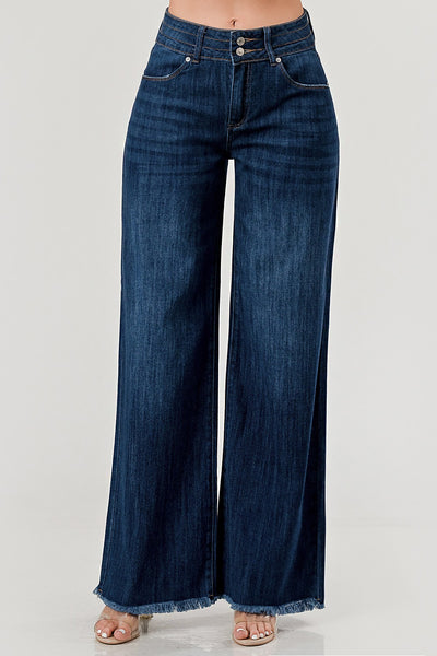 Stretch Mid Rise Wide Leg Raw Hem Jeans
