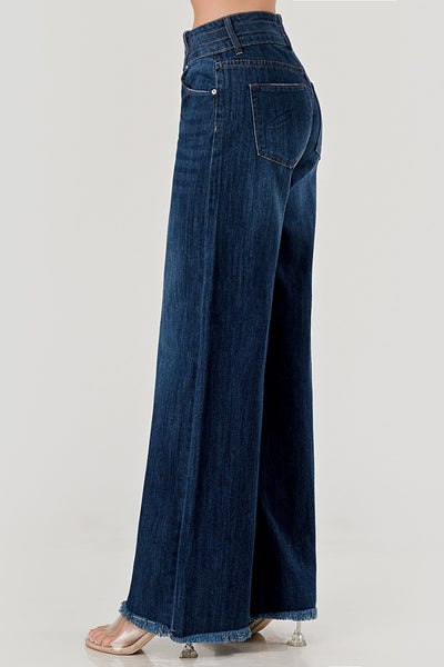 Stretch Mid Rise Wide Leg Raw Hem Jeans