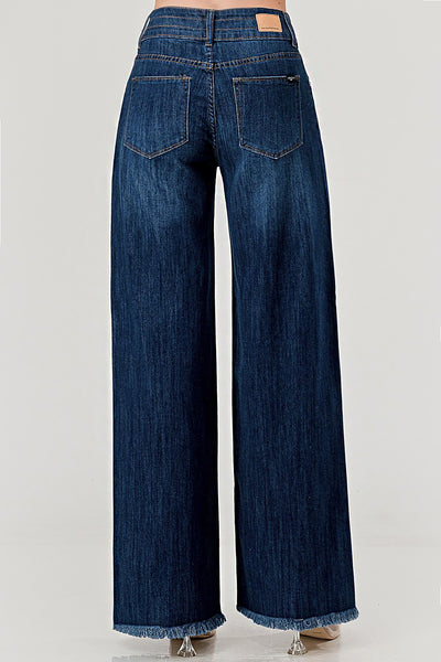 Stretch Mid Rise Wide Leg Raw Hem Jeans