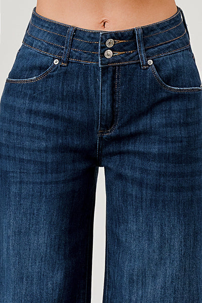 Stretch Mid Rise Wide Leg Raw Hem Jeans