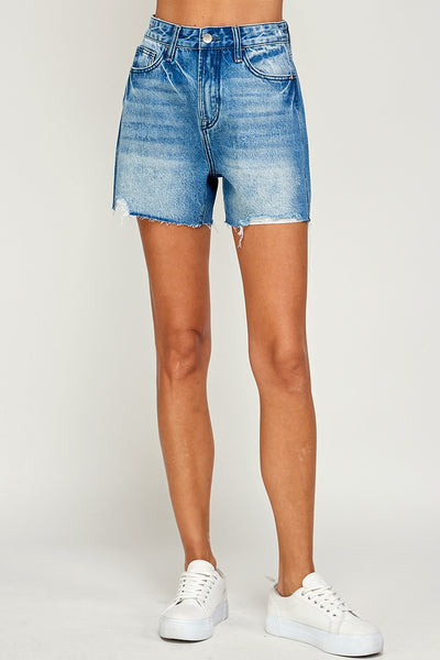 High Rise Raw Hem Denim Shorts
