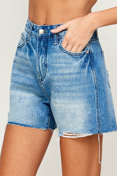 High Rise Raw Hem Denim Shorts