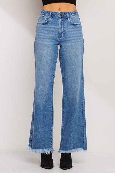 Stretch Mid Rise Raw Hem Wide Leg Jeans