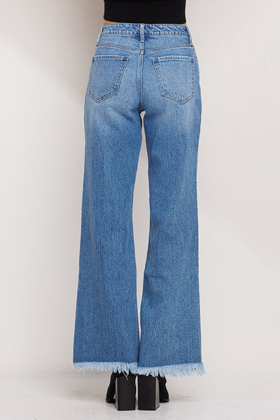 Stretch Mid Rise Raw Hem Wide Leg Jeans
