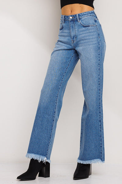 Stretch Mid Rise Raw Hem Wide Leg Jeans