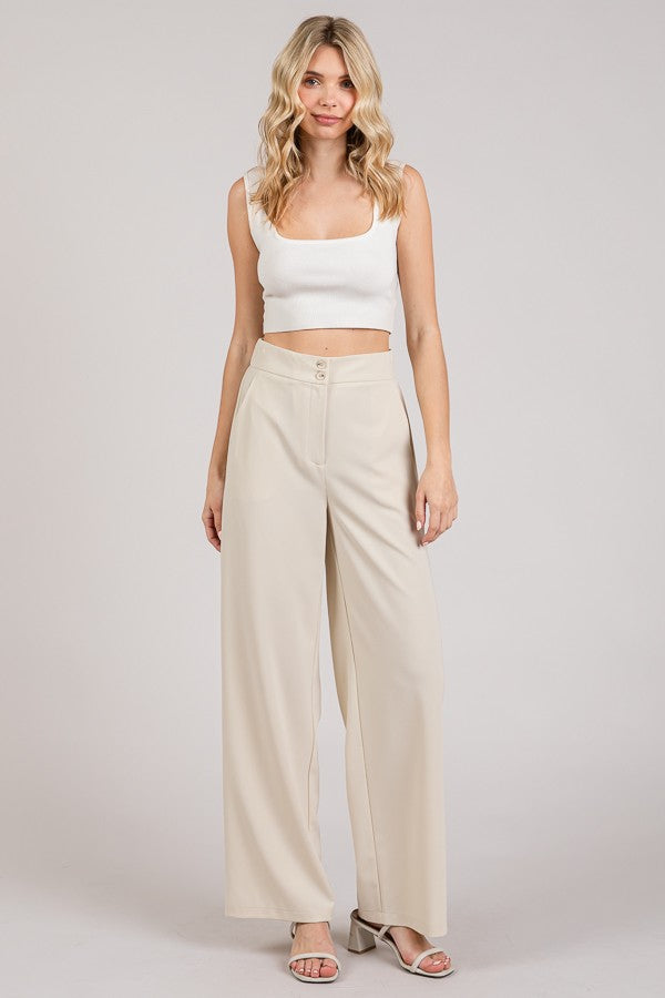 Twill Wide Leg Elastic High Waist Trouser Pants