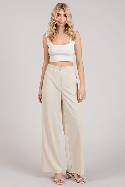 Twill Wide Leg Elastic High Waist Trouser Pants