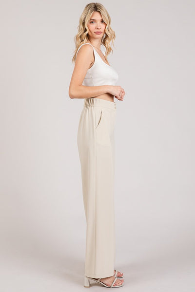 Twill Wide Leg Elastic High Waist Trouser Pants